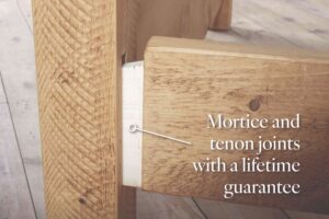 A close up of mortice and tenon joint used to fit a solid wood bed together