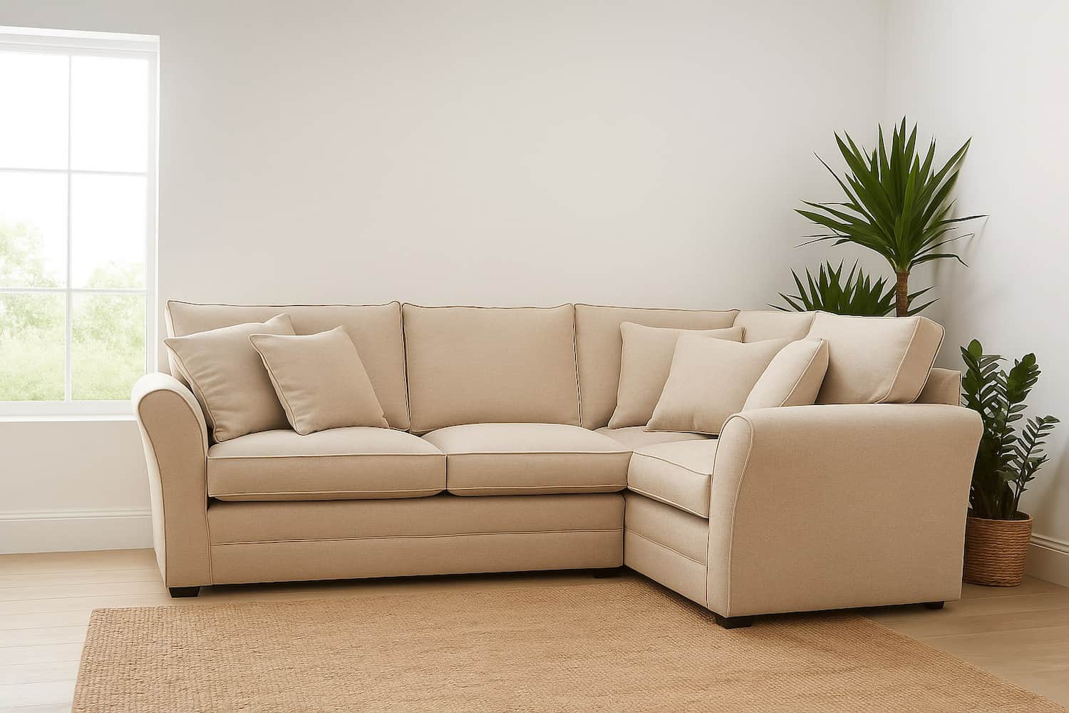 A pale linen corner sofa in a classic arm but modern design sits in a room with white walls, natural jute rug, large white 6 pane window with tall plants behind the corner sofa on the right side.